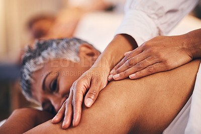 Buy stock photo Senior woman, hands and body massage for spa wellness, luxury zen therapy and healthy skin. Elerly person, masseuse  and calm physical therapy, skincare cosmetics and calm body care in beauty salon