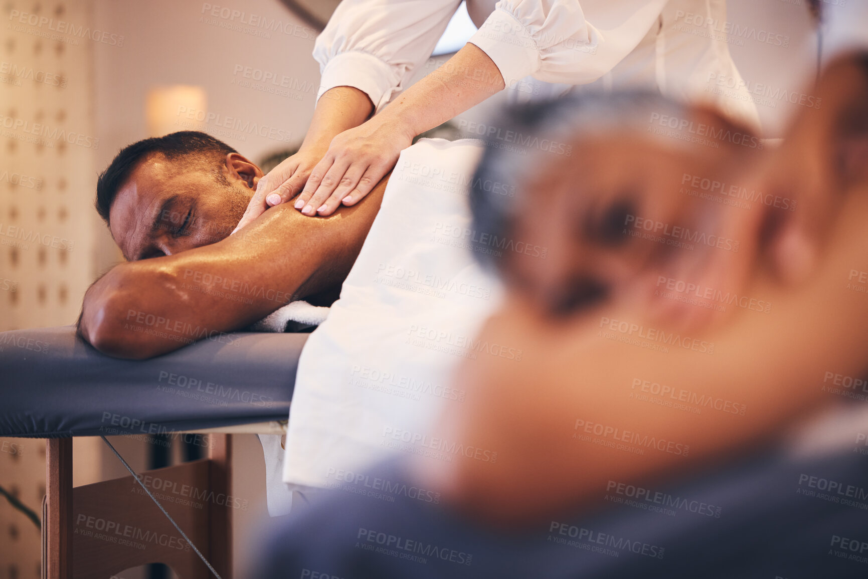 Buy stock photo Massage, relax and stress relief with a couple in a spa, lying on a table or bed for luxury and wellness. Health, zen and peace with a senior man and woman in a salon for physical therapy on vacation