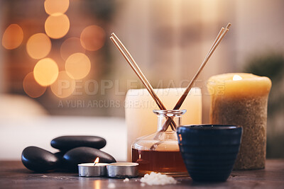 Buy stock photo Spa, candle and aromatherapy for luxury, relax and wellness for beauty, cosmetics and physical therapy background. Health, zen and luxury salon room for self care, calm and peace from candlelight
