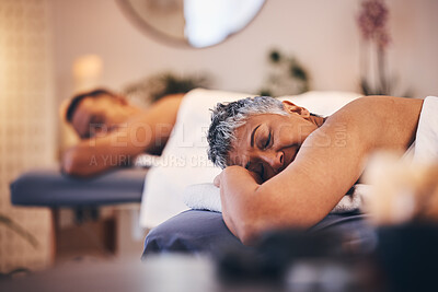Buy stock photo Mature couple, massage or spa date in relax hotel salon, healthcare wellness clinic or skincare beauty retreat. Woman, man or lying customer in aromatherapy treatment, stress management or self care