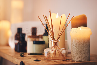 Buy stock photo Spa, aromatherapy and candle for luxury, health and wellness for beauty, cosmetics and physical therapy background. Relax, zen and luxury salon for self care, calm and peace from candlelight