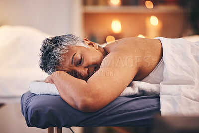 Buy stock photo Spa sleeping, relax and senior woman on holiday, luxury massage and body therapy at a hotel. Sleep wellness, retirement cosmetics and elderly person with care for skin, peace and calm on vacation