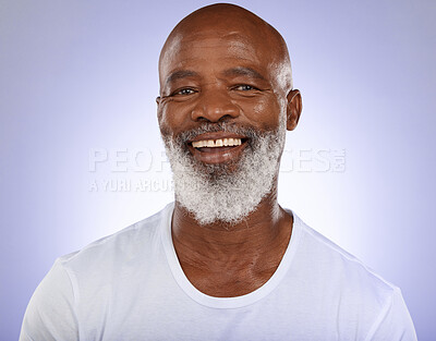 Buy stock photo Portrait, cosmetics and senior man with skincare, for natural beauty and health against blue studio background. Confident, black mature male and happy for wellness, smooth and clear skin with smile.