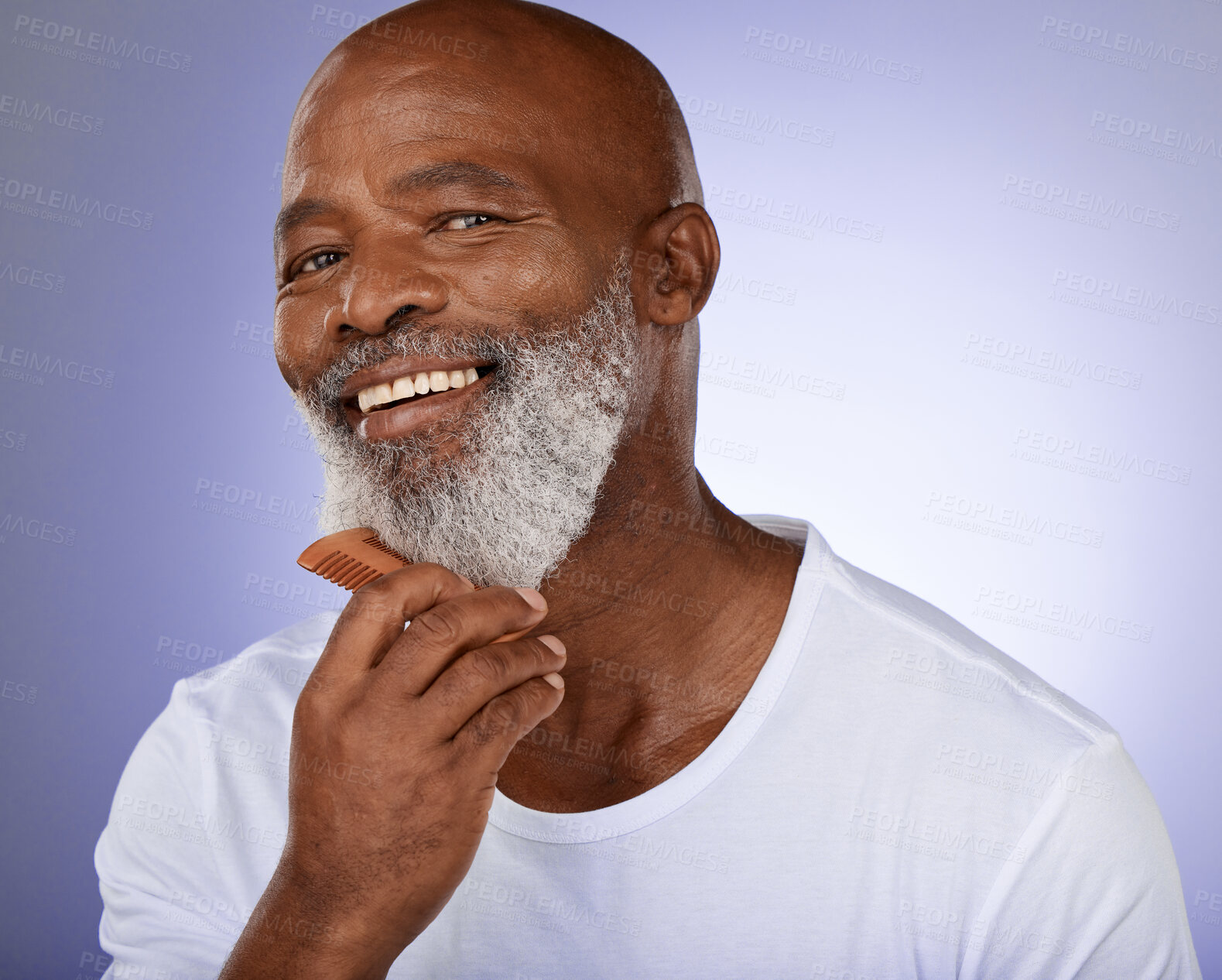 Buy stock photo Senior, black man and grooming beard portrait or cleaning face for skincare wellness and beauty hygiene products. Elderly, male model and natural facial hair with comb in purple background studio