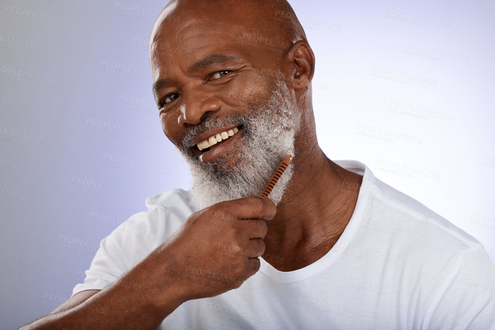 Buy stock photo Beauty, comb and beard with portrait of black man for barber, hair care and fashion. Smile, wellness and salon with face of old man and facial hair for hygiene, trimming and growth maintenance 
