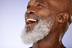 Senior, skincare and funny black man laughing on studio background for joke, happiness or wellness. Happy, smile and elderly black model, face and grey beard for male beauty, cosmetics and confidence