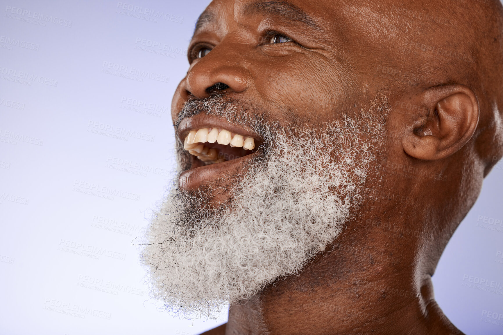 Buy stock photo Senior, skincare and funny black man laughing on studio background for joke, happiness or wellness. Happy, smile and elderly black model, face and grey beard for male beauty, cosmetics and confidence