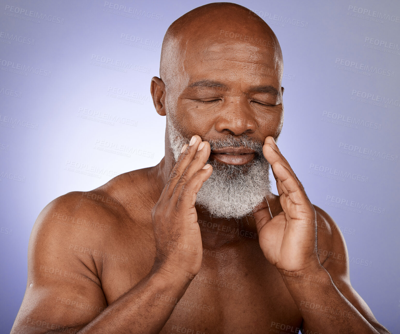 Buy stock photo Skincare, beauty and senior black man with dermatology cleaning, wellness and cosmetic peace against a purple studio background. Spa cosmetics, retirement body and face of elderly African model clean