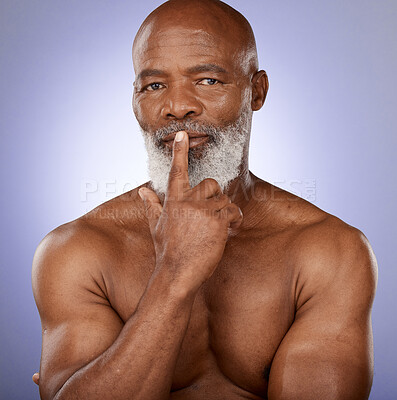Buy stock photo Skincare, senior beauty and black man thinking, spa wellness and retirement health against a purple background in studio. Luxury relax, elderly cosmetics and African portrait of a model with muscle