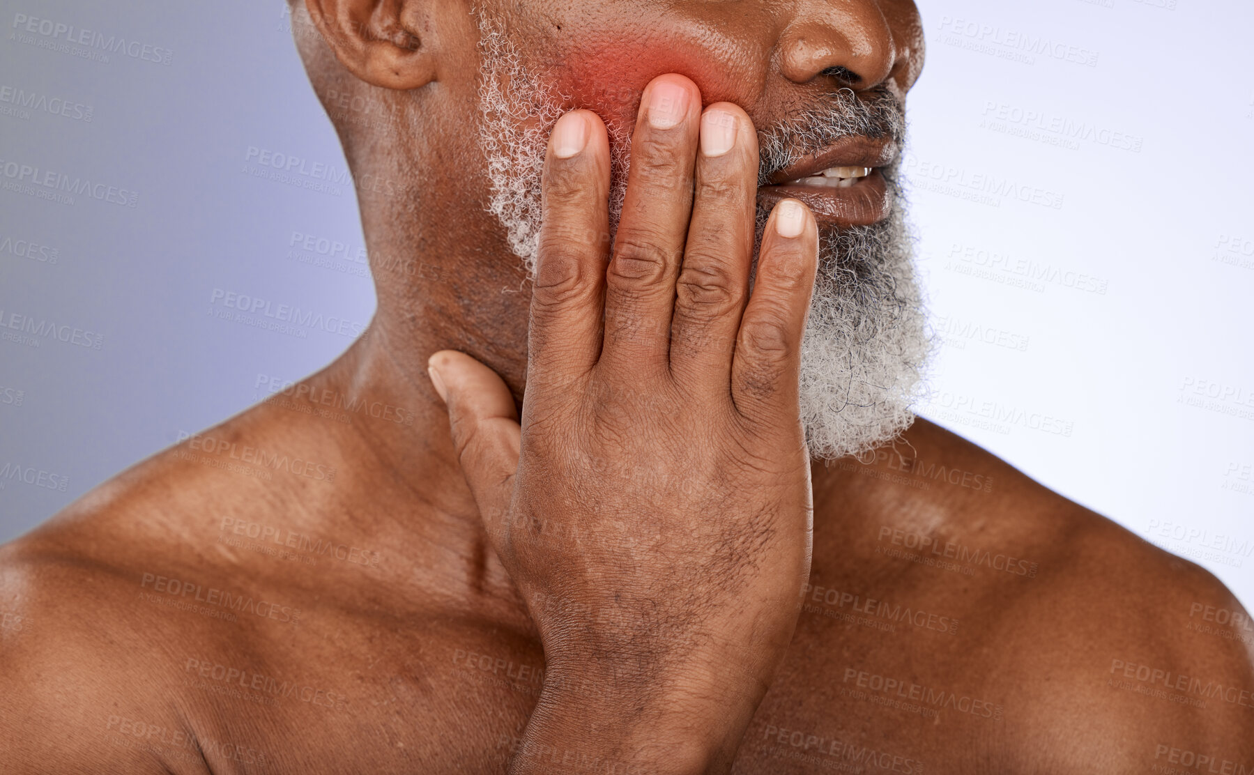 Buy stock photo Senior man with cheek pain in studio with tooth ache, illness or dental problem in his mouth. Sick, painful and elderly guy in retirement with teeth cavity and sore face isolated by purple background