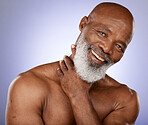 Skincare, face and black man in studio for beauty, cosmetics wellness and fitness with marketing or advertising space on purple background. Portrait of senior model, health and glow for dermatology