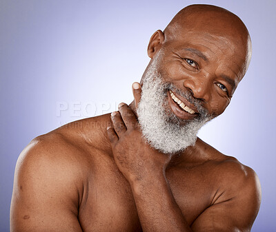 Buy stock photo Skincare, face and black man in studio for beauty, cosmetics wellness and fitness with marketing or advertising space on purple background. Portrait of senior model, health and glow for dermatology