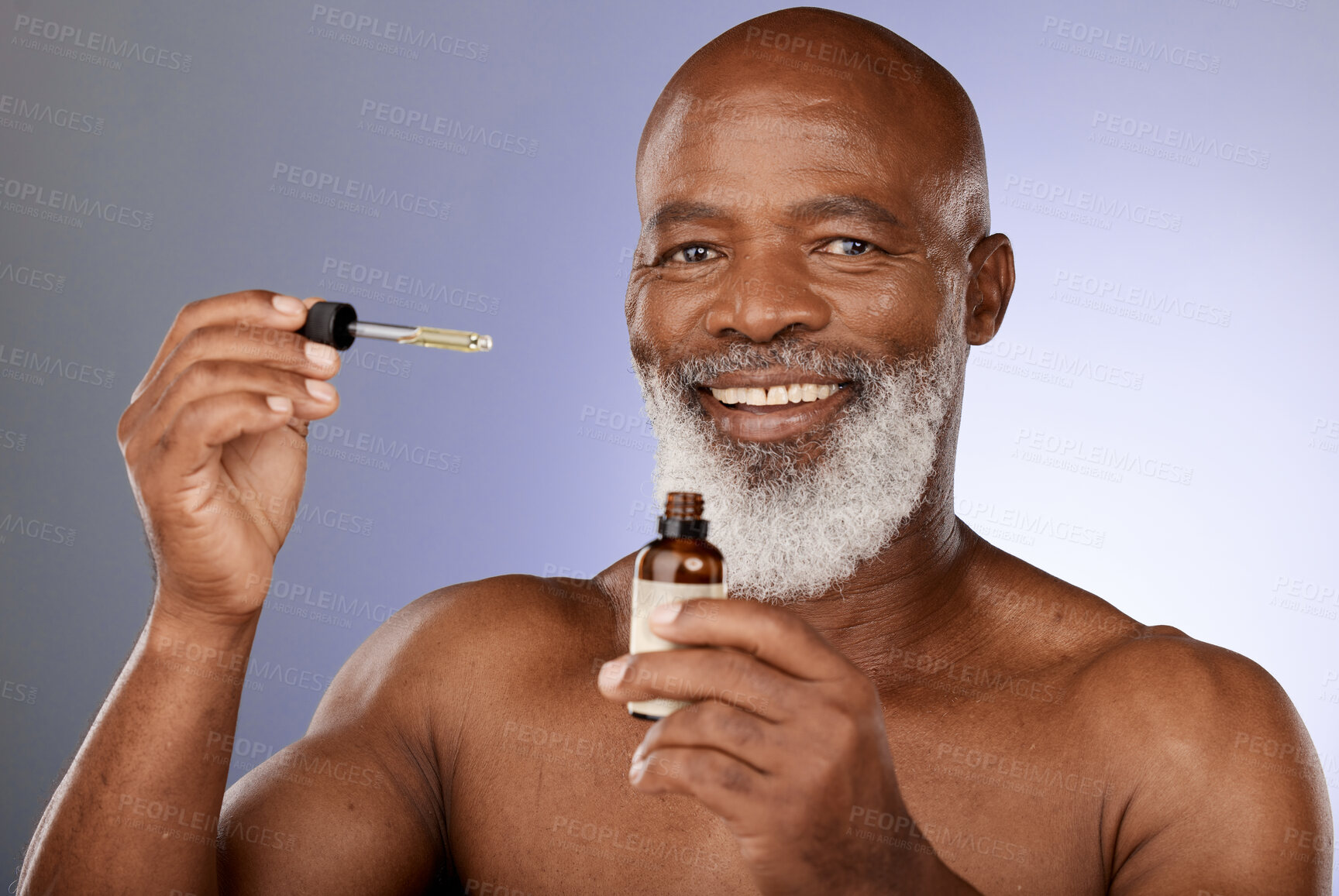 Buy stock photo Portrait, skincare and black man with oil serum cosmetics for acne, wrinkles or anti aging protection in studio. Face, senior or old man marketing an essential oil bottle or natural luxury product 