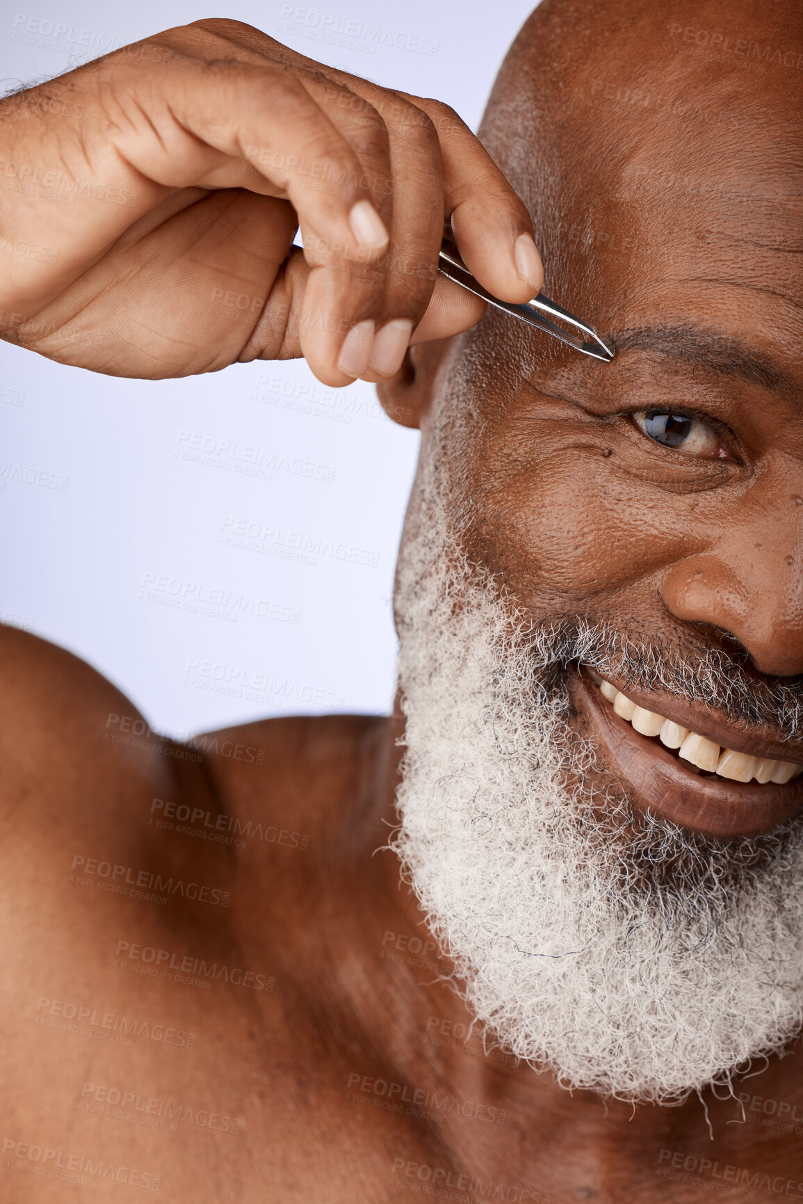 Buy stock photo Face, eyebrow tweezers and senior black man in studio isolated on a purple background. Portrait, hygiene and elderly male model plucking eyebrows or hair removal for beauty, wellness and grooming.