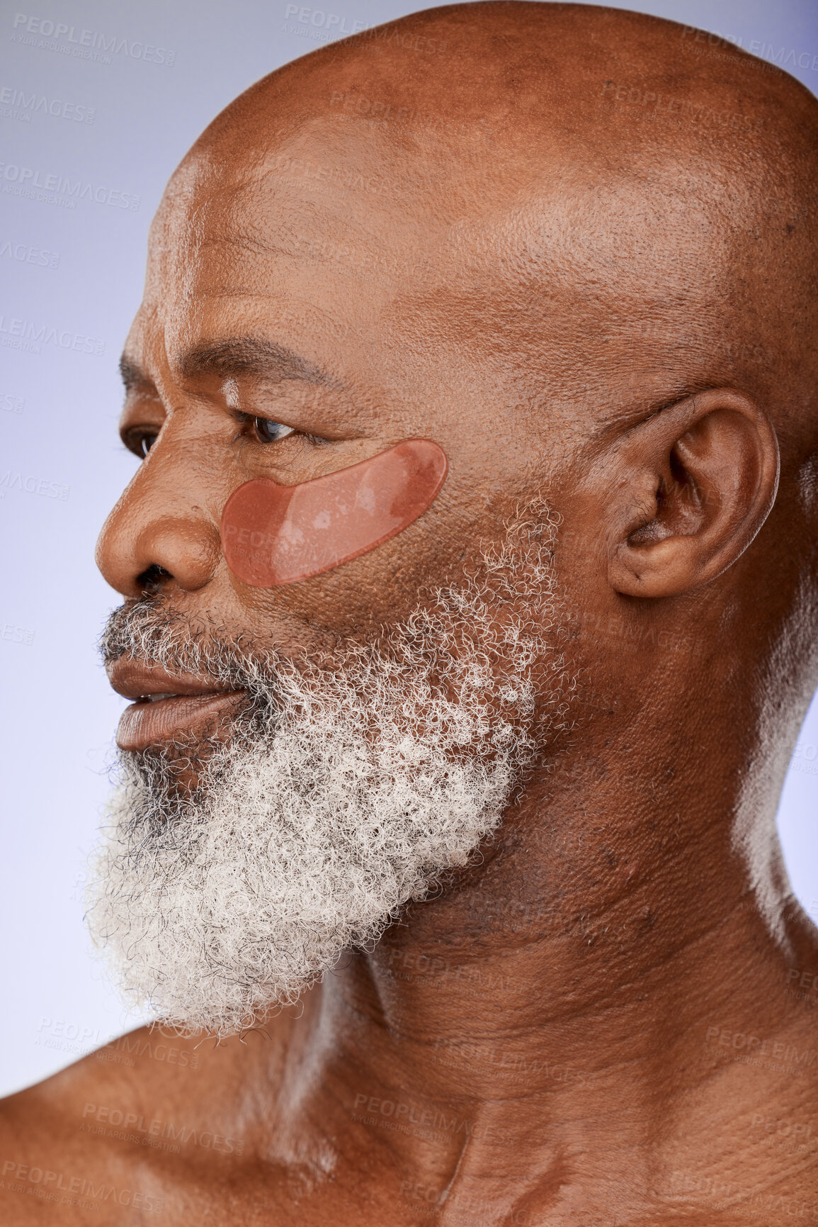 Buy stock photo Face of senior model with collagen patch for facial hydration, anti aging routine or self care treatment. Skincare, spa salon and beauty profile of black man with hyaluronic acid under eye patches