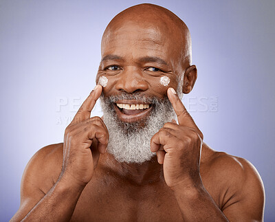 Buy stock photo Portrait, skincare and senior black man with face cream in studio on background. Beauty, retirement and elderly male model from Nigeria with facial lotion, creme or cosmetics product for healthy skin