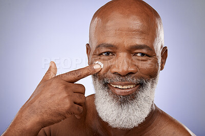 Buy stock photo Beauty, skincare and product with portrait of black man and facial cream for sunscreen, wellness and dermatology. Moisturizer, self care and lotion on face of old man for cosmetics, luxury and glow