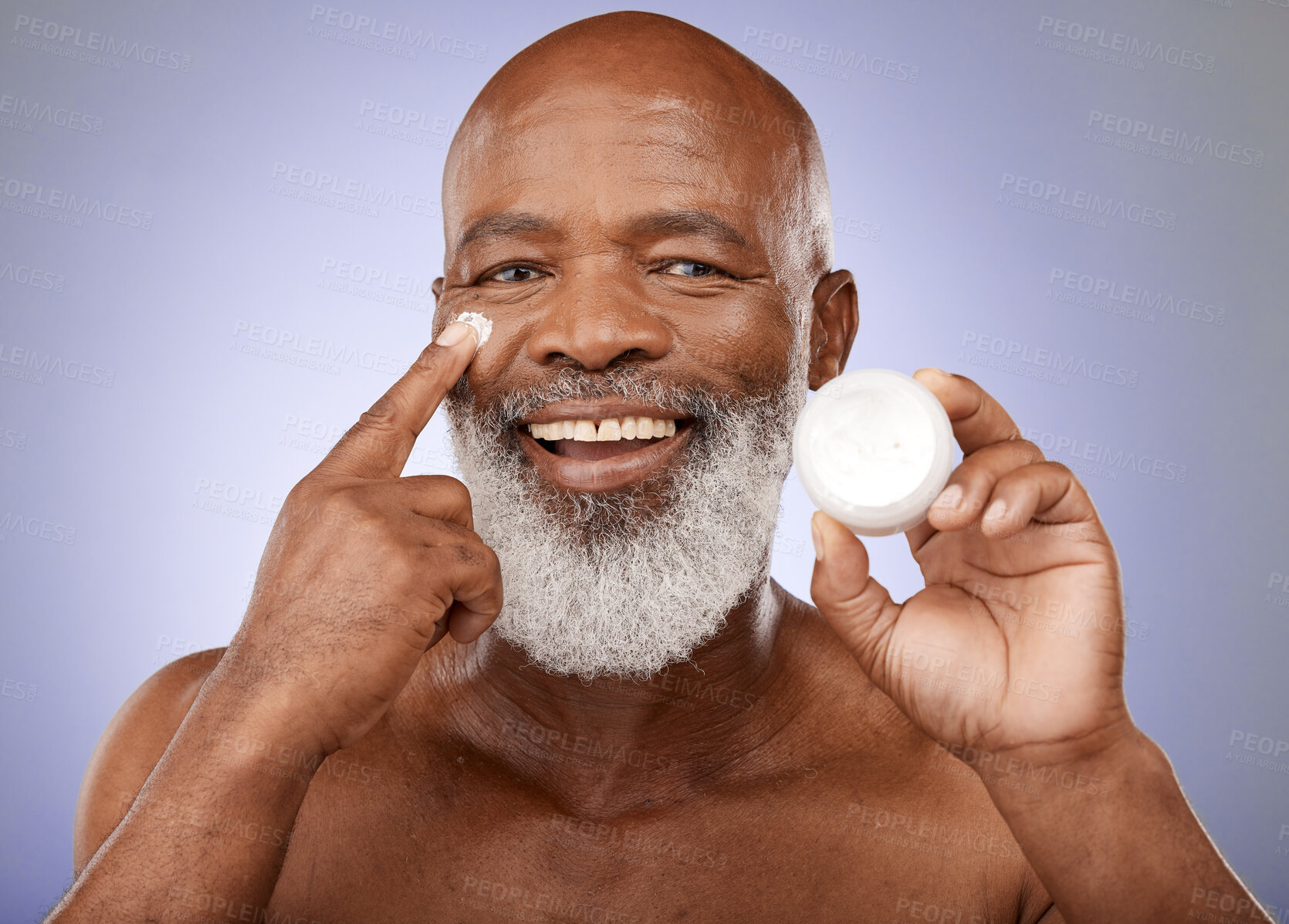 Buy stock photo Cream, senior man and skincare for natural beauty, organic facial or hygiene on grey studio background. Portrait, cosmetics or healthy mature black male with lotion for wellness, clear face or health