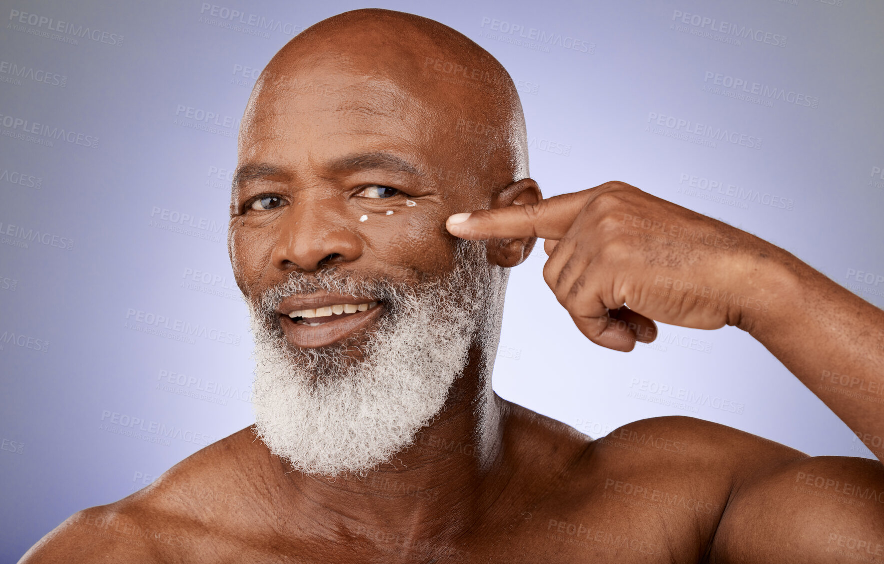 Buy stock photo Beauty, cream and senior black man portrait with under eye cosmetic product dots on natural face. Wellness, skincare and health of mature model with body dermatology lotion in purple studio.