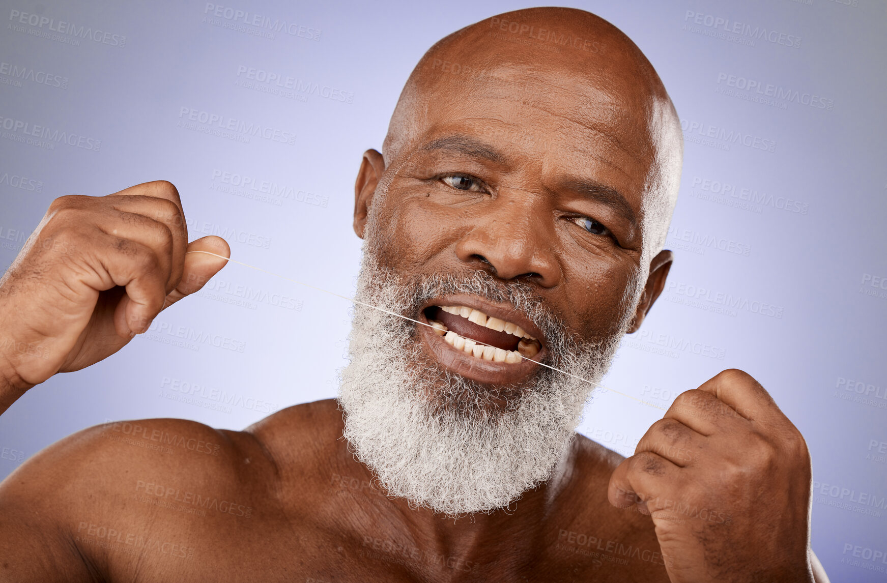 Buy stock photo Dental flossing, teeth and senior black man marketing natural cleaning, wellness and health on purple background in studio. Tooth care, oral hygiene and portrait of elderly model advertising product
