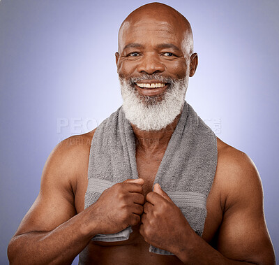 Buy stock photo Man, mature and shower towel for skincare grooming, hygiene maintenance and cleaning on purple studio background. Portrait, smile and happy middle aged black model in healthcare wellness or self care