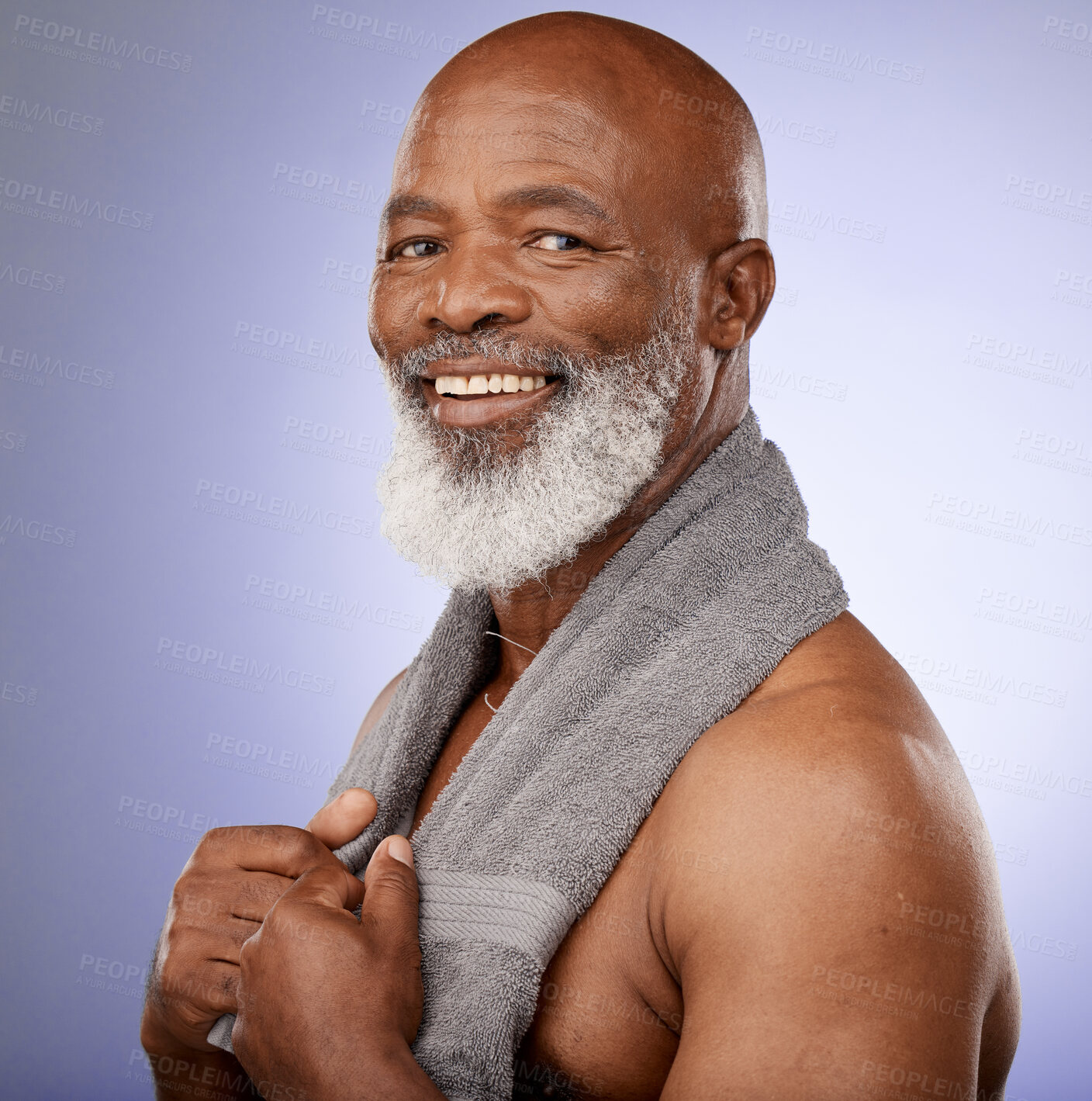 Buy stock photo Shower, towel and portrait of black man with healthy skincare, personal hygiene and natural wellness on studio background in Brazil. Happy, mature and male beauty, clean face and body care cosmetics