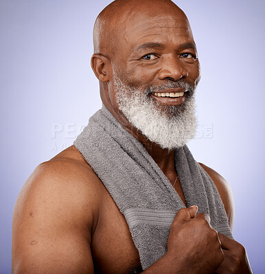 Buy stock photo Portrait, black man and shower with towel for healthy skincare, hygiene and wellness on studio background. Male beauty, clean body care and mature guy happy after spa sauna, bathroom and cosmetics 