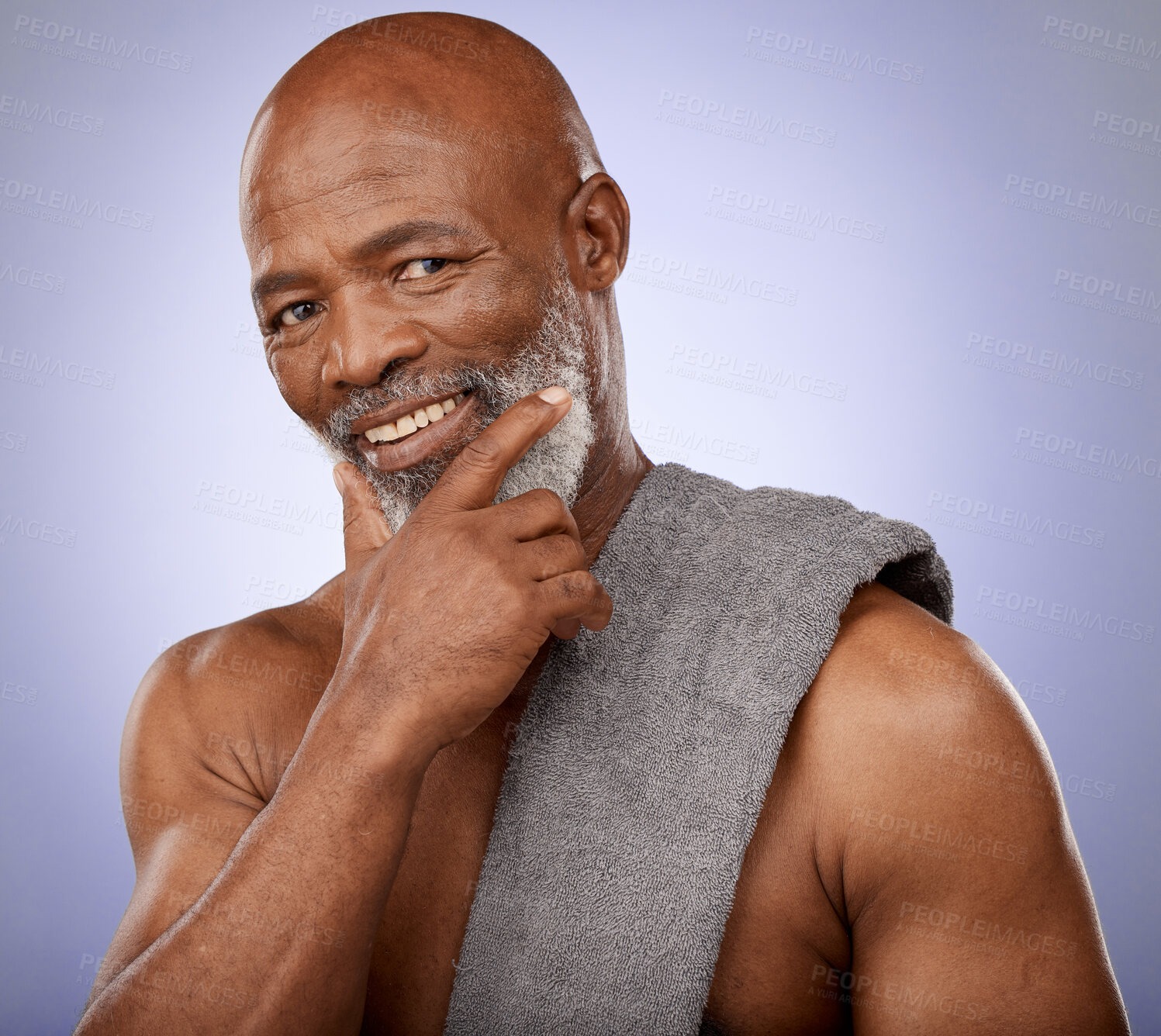 Buy stock photo Beauty, skincare and portrait of senior man happy with anti aging bathroom routine, wellness or body cleaning hygiene. Shower, spa salon and face of elderly African model with clean healthy skin glow