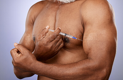 Buy stock photo Fitness, steroids and black man with arm injection for biceps growth or muscle development in studio. Sports, supplements and elderly bodybuilder hand holding testosterone hormone chemicals or drugs