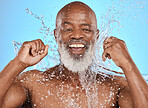 Oral, man floss and water with smile, wellness and on blue studio background. Portrait, mouth health or senior black male with dental hygiene, liquid splash or fresh breath for clean teeth and relax.