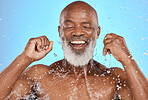 Senior black man, flossing teeth and dental cleaning, cosmetics care and mouth wellness in studio. African elderly person, tooth whitening and tooth wellness with dental floss against blue background