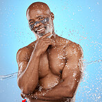 Shower, face mask and black man in studio cleaning, skincare and body wellness, health and fitness portrait on marketing mockup. Facial, collagen and senior black model with muscle and water splash 