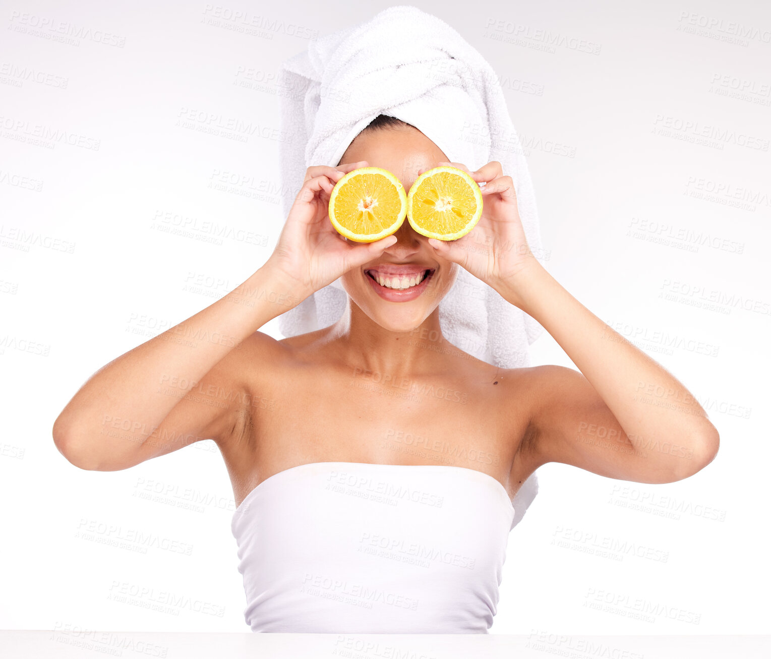 Buy stock photo Beauty, natural skincare and woman with orange fruit eyes for vitamins or healthy lifestyle wellness. Happy model, facial care and body detox or vitamin c cosmetics treatment or citrus dermatology 