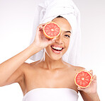 Woman, beauty and grapefruit for healthy skincare, vitamin C or nutrition against a gradient background. Portrait of female model face smile holding fruit for fresh organic or spa treatment on mockup