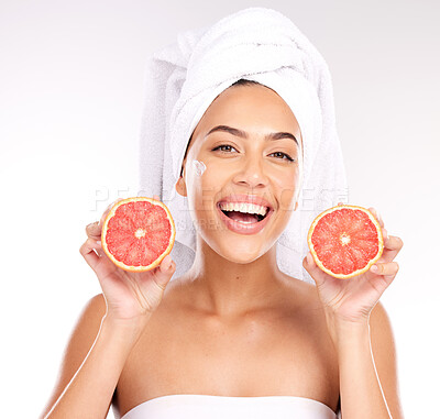 Buy stock photo Grapefruit, skincare and portrait of woman in studio for beauty, cosmetics and vitamin c promotion, marketing or advertising. Healthy food, red fruits and smile face of young model in bathroom mockup