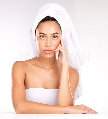 Buy stock photo Woman, face or skincare cream and hair care towel on studio background in dermatology healthcare, cosmetic wellness or collagen. Portrait, beauty model or facial sunscreen product in luxury self love