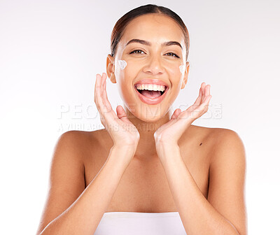 Buy stock photo Woman, beauty and moisturizer with smile for skincare cosmetic treatment against a studio background. Portrait of happy female model in face cream cosmetics for hydration and healthy skin on mockup
