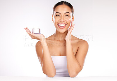 Buy stock photo Skincare, cream and portrait of woman in studio for cosmetics glow, shine and product promotion, marketing or advertising mockup. Face of a young model with dermatology skin care for facial wellness