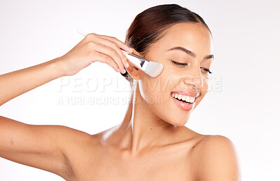 Buy stock photo Woman, makeup face brush and skincare beauty of a model  from Brazil doing self care and wellness. Happy, cosmetics and woman face application of a person doing dermatology and skin health treatment