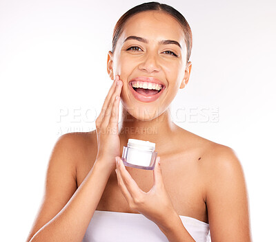 Buy stock photo Skincare, beauty and portrait of woman with face, cream and product in studio for wellness, relax and grooming on white background. Face, skin and facial for skin care cosmetics, dermatology and care
