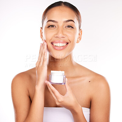 Buy stock photo Beauty, cream and face of woman with product for natural cosmetics, healthy skin and dermatology tested skincare lotion. Portrait of happy model, organic makeup creme and facial moisturizing wellness
