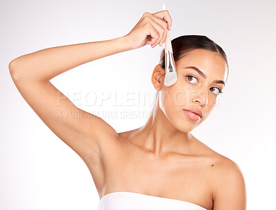 Buy stock photo Woman, face or skincare brush for mask, healthcare wellness or collagen treatment in dermatology, self care or cleaning. Beauty model, facial tool or cosmetics makeup application on studio background