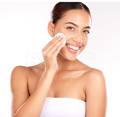 Buy stock photo Beauty, portrait and woman in studio with cotton pad for skincare, cleaning and makeup removal on white background. Face, facial and swab with girl model for skin, product and cleanser with mockup