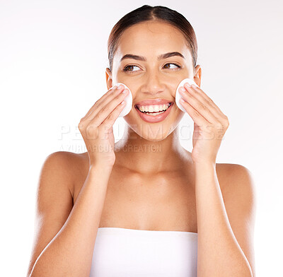 Buy stock photo Face, beauty and woman with cotton pad in studio isolated on white background. Health, wellness and happy young female model from Brazil with facial skincare product for cleaning makeup or cosmetics.