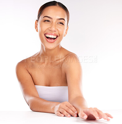 Buy stock photo Woman, laughing face or skincare glow with manicure hands, healthcare wellness or dermatology success. Smile, happy or Brazilian beauty model on white background in relax studio with makeup cosmetics