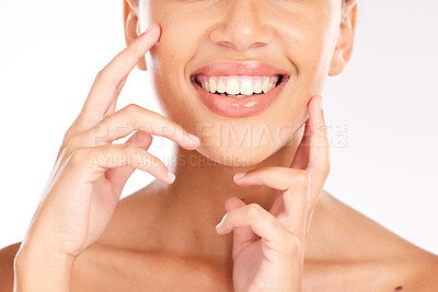 Buy stock photo Woman, face and teeth wellness close up for beauty, happy dental care or luxury hygiene cleaning. Dentist, oral health happiness and veneers healthcare, teeth whitening treatment or facial cosmetics 