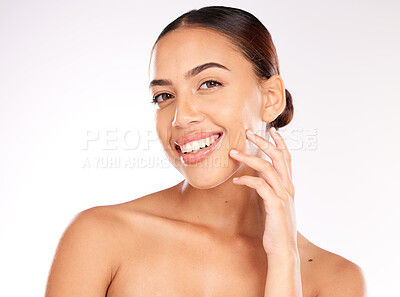 Buy stock photo Woman, beauty and portrait of cosmetics, healthy skincare and shine, glow or happiness on studio background. Happy young model touching face after facial, aesthetics and chemical peels transformation
