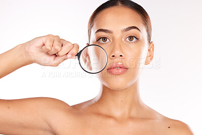 Buy stock photo Woman, magnifying glass and skincare portrait for beauty wellness or healthy facial care in studio. Model face, Luxury spa cleaning and cosmetics makeup, check skin glow and natural dermatology