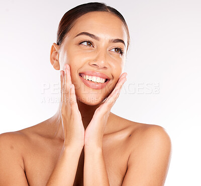 Buy stock photo Woman, face glow and skincare grooming on white background in studio healthcare wellness, dermatology or acne treatment progress. Smile, happy or beauty model touching cheeks with hands in self love
