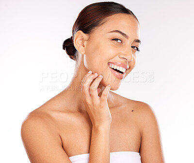 Buy stock photo Skincare, beauty and portrait of latin woman on a white background in studio for wellness, spa and body care. Dermatology, health and face of happy girl for treatment, skincare products and cosmetics